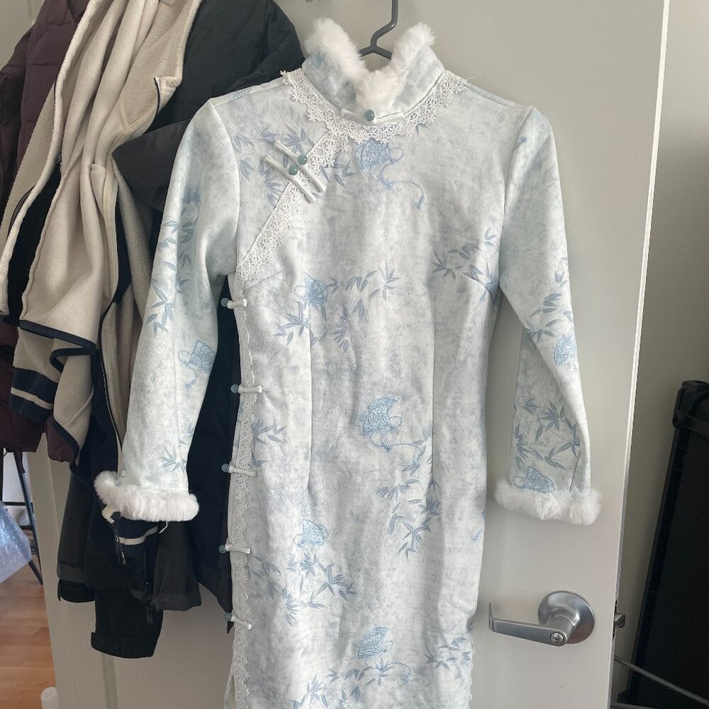 Elegant Chinese winter qipao dress with a fur collar and embroidered silk-blend